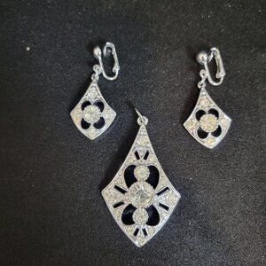 Sarah Coventry "Lites" Silver-tone Pendant & Clip-on Earrings Set Rhinestone VTG